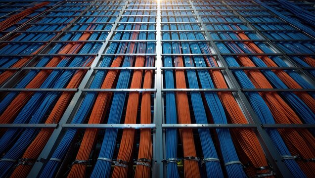 Low angle view of colorful fiber optic cables in organized network infrastructure with dramatic lighting