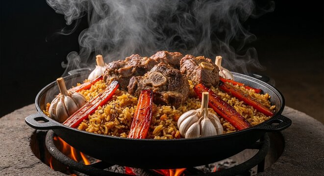 Uzbek plov in traditional kazan with lamb and caramelized carrots