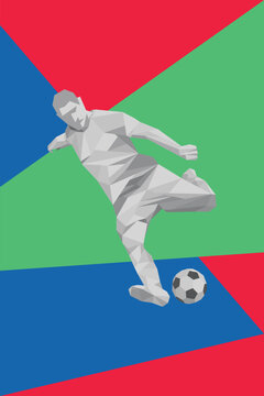 Polygon football player shooting with grometric colorful background vertical template have blank space.