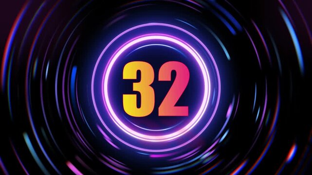 Neon number 32 in purple circles on black background with color changing