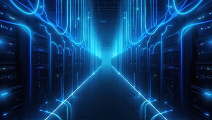 Obraz premium futuristic data center with glowing blue neural network and server racks for ai technology concept