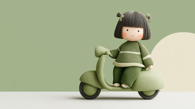 Whimsical Ride: A cute doll riding a miniature scooter, exuding playful charm against a serene, light green backdrop.