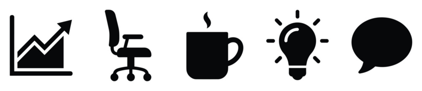 Symbolic business icons illustrating professional growth, comfortable workspace, stimulating ideas, and effective communication