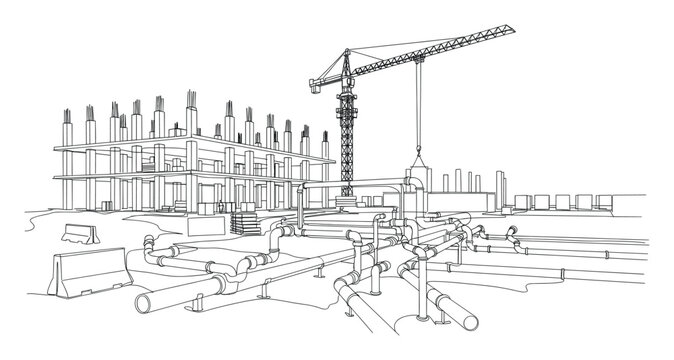 Line drawing of a construction site with building frame, tower crane, and complex pipe network for engineering.