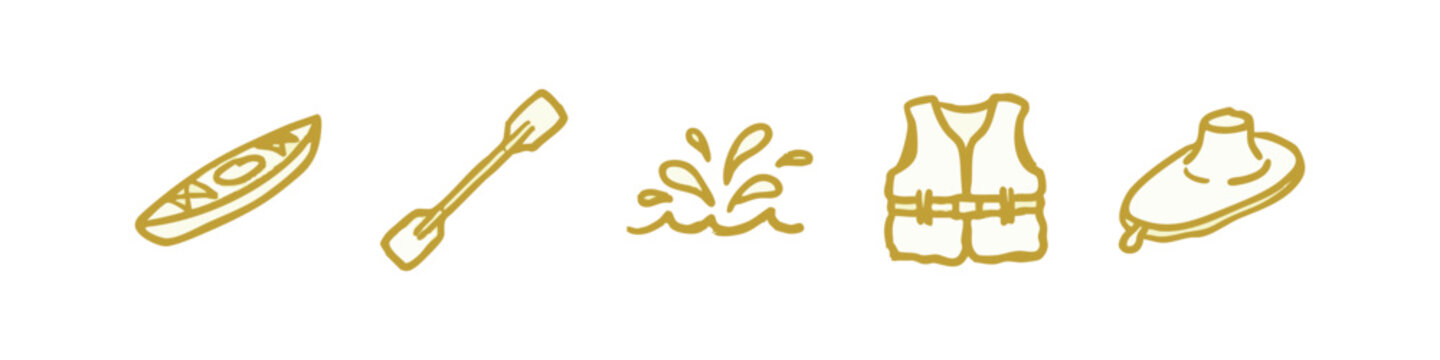 Summer water sports and kayaking doodle icons with life vest, paddle and boat