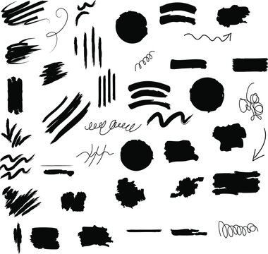 Abstract black brush strokes and splatters on a white background