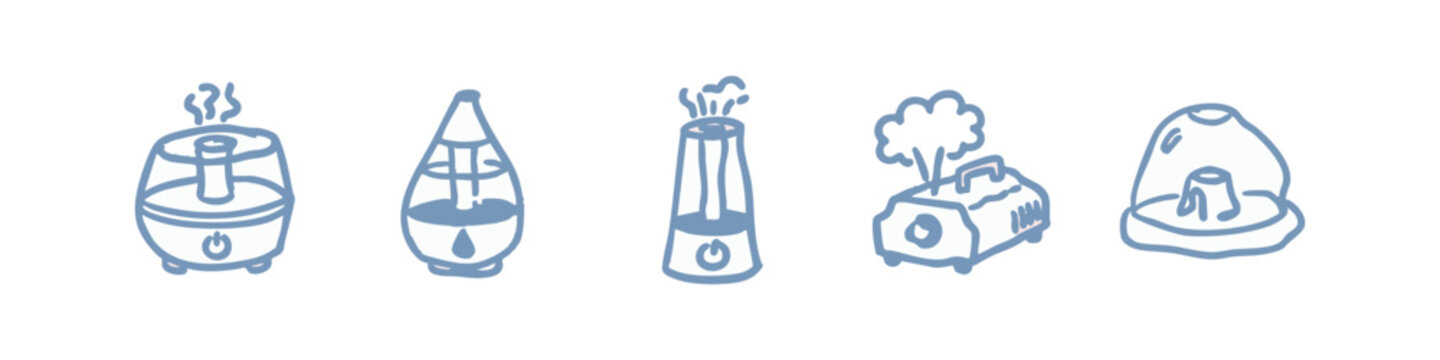Home air quality appliance icons set including humidifier, vaporizer and diffuser