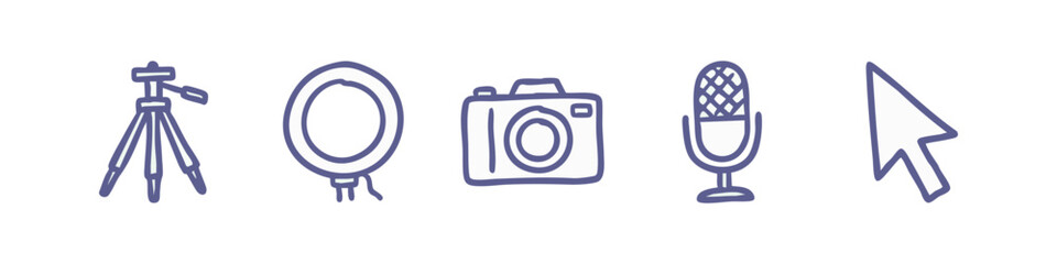 Set of Hand-Drawn Photography and Content Creation Icons in Purple Doodle Style © liubomir118809