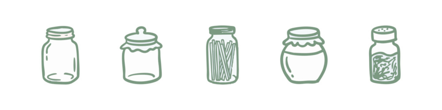 Kitchen Storage and Jars Hand Drawn Icon Set with Glass Jars and Honey Pot