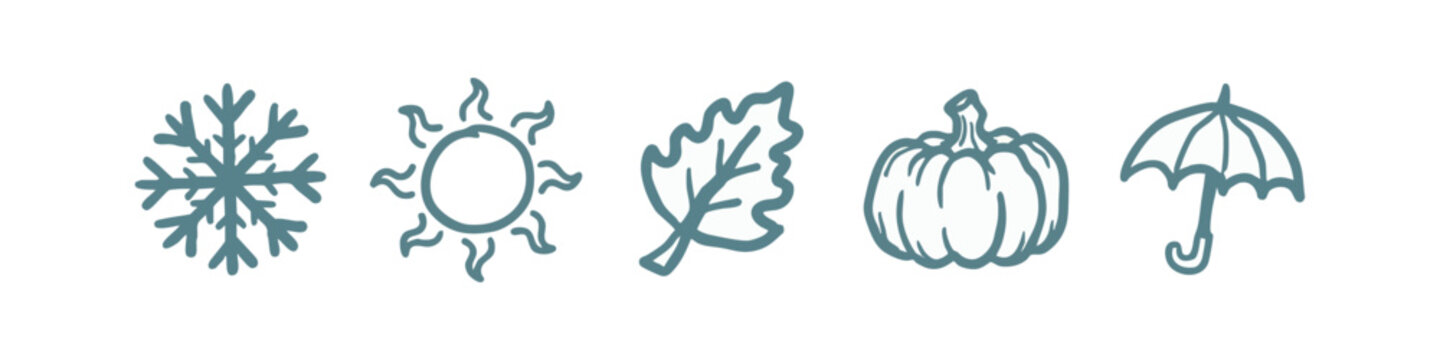 Seasons and Weather Hand Drawn Icon Set with Snowflake Sun Leaf and Pumpkin