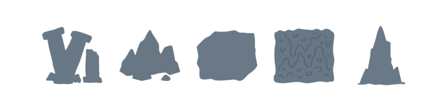Set of Hand-Drawn Geology and Rock Formation Shape Icons in Gray Doodle Style