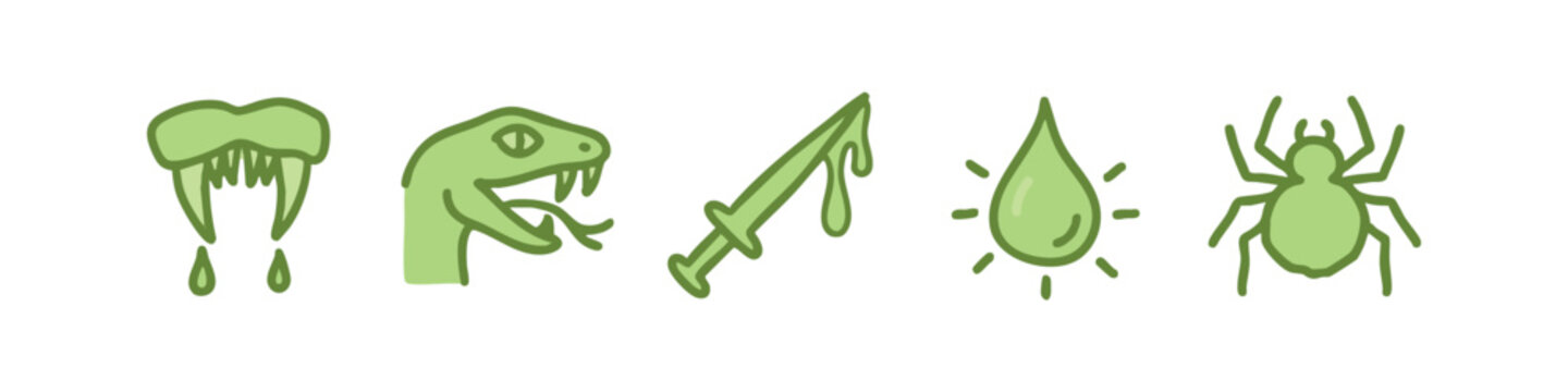 Hand-drawn icons: fangs, snake head, dripping dagger, drop of liquid, spider