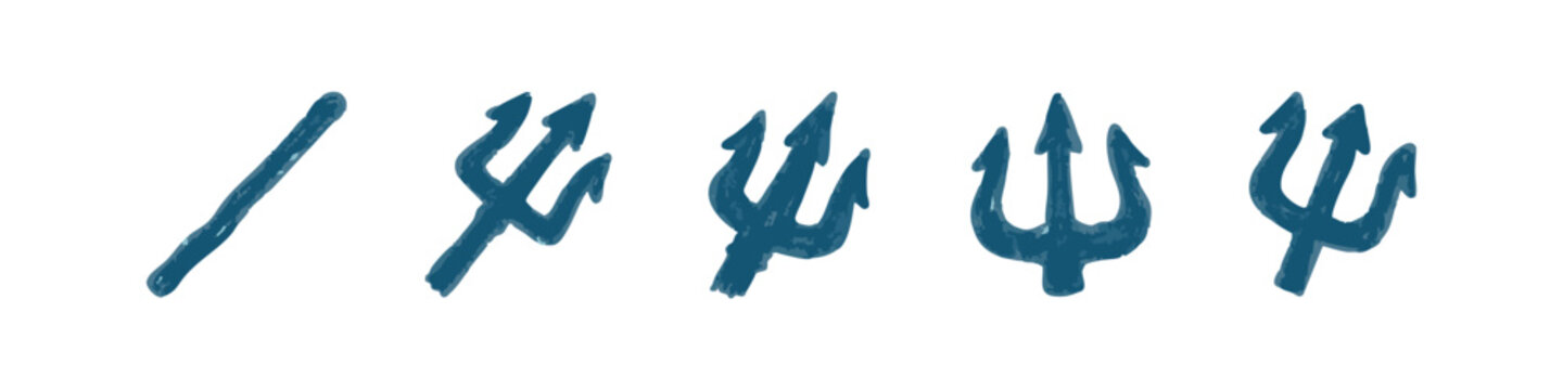 Hand-drawn icons: trident and linear shapes in blue