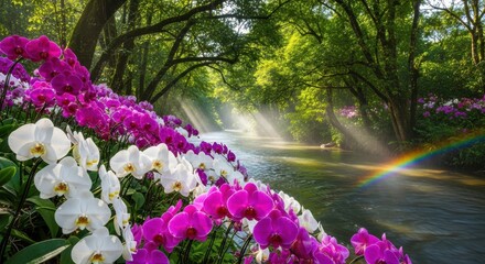 Fototapeta premium Beautiful pink flowers bloom in a lush spring park garden near a cascading waterfall and rocky stream nestled within a serene forest landscape