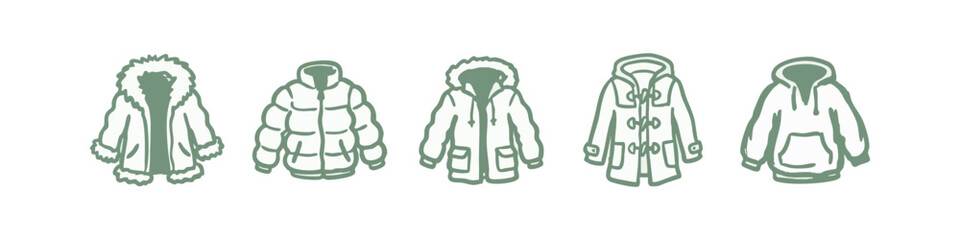 Green hand-drawn icons of various winter jackets and coats © liubomir118809