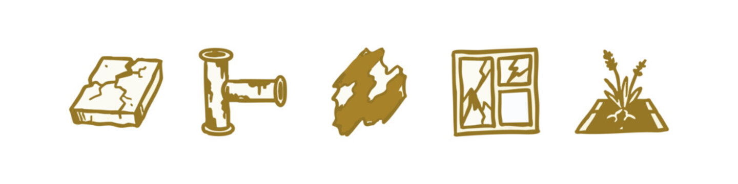 Gold hand-drawn icons of broken objects and damaged structures