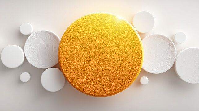 Abstract Sunburst Design: A vibrant, textured gold sunburst is surrounded by a constellation of pristine white circles, creating a clean, modern, and eye-catching composition.