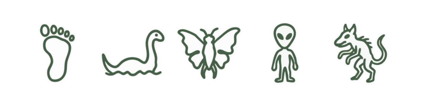 Green Hand Drawn Cryptid and Mythical Creatures Icons Set with Bigfoot Loch Ness Monster and Alien
