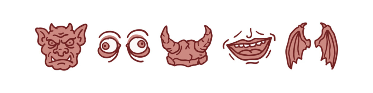 Collection of monstrous and fantasy creature features in terracotta