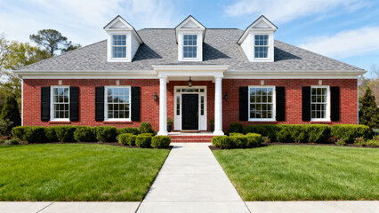 Fototapeta premium Elegant Symmetrical Colonial Brick Mansion Front View with Manicured Lawn and Classic Luxury Architecture
