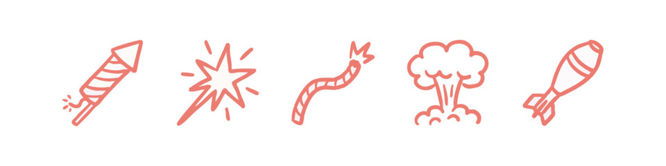 Doodle icons: firework rocket, sparkler, firecracker, explosion, bomb © liubomir118809
