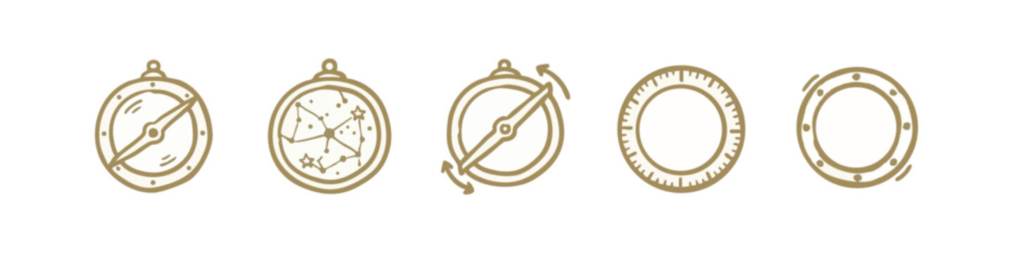 Doodle icons: compass, constellation map, rotating compass, compass rose