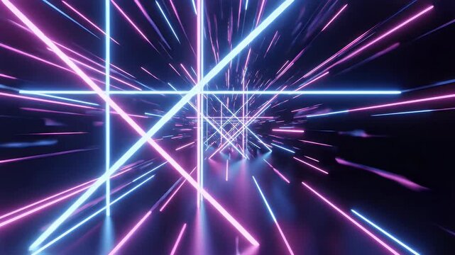 A vibrant, abstract composition of glowing neon lines creates a dynamic and futuristic visual effect against a dark, blurred background.