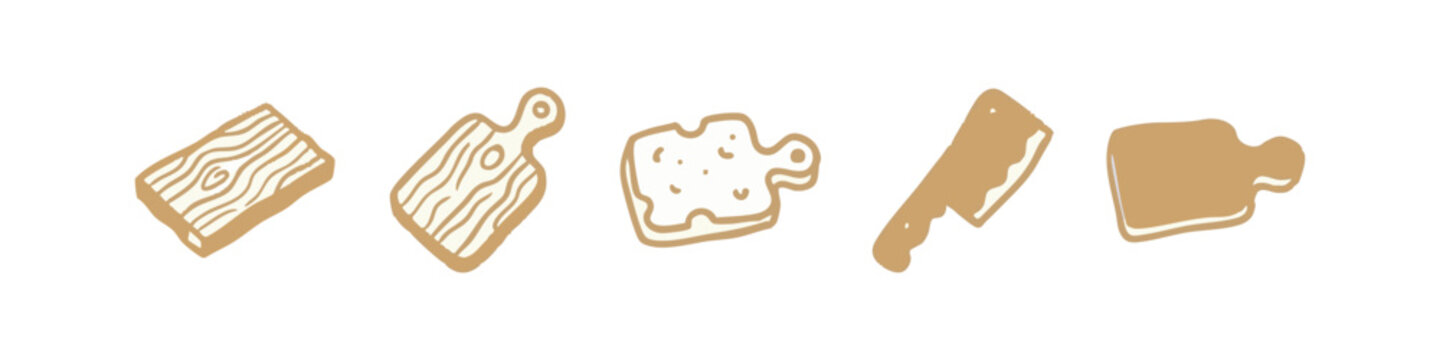 Doodle icons: chopping boards, cutting board, cheese board, cleaver