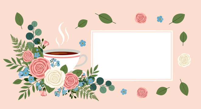 Floral greeting card template for International Tea Day or Mother's Day with tea cup and blooming roses