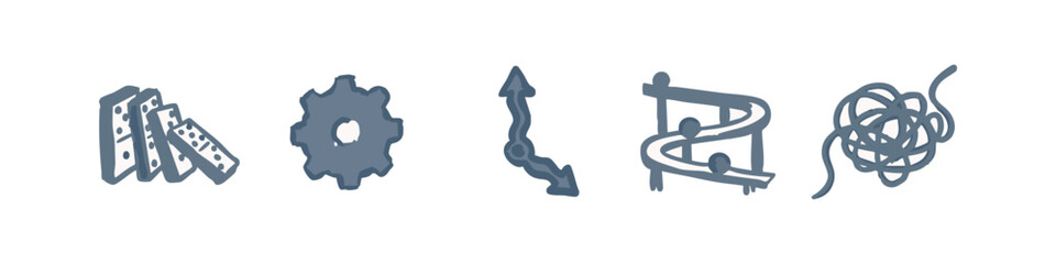 Obraz premium Set of 5 hand-drawn icons: dominoes, gear, winding arrow, slide, tangled string
