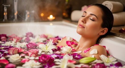A smiling young woman enjoys a natural wellness treatment while lying down at a luxury beauty spa for skin care and body relaxation with rose flowers © Sajeduil