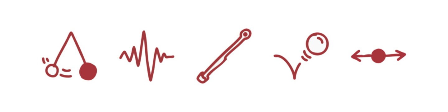Set of 5 doodle icons: pendulum, electrocardiogram, rod, bouncing ball, arrow.