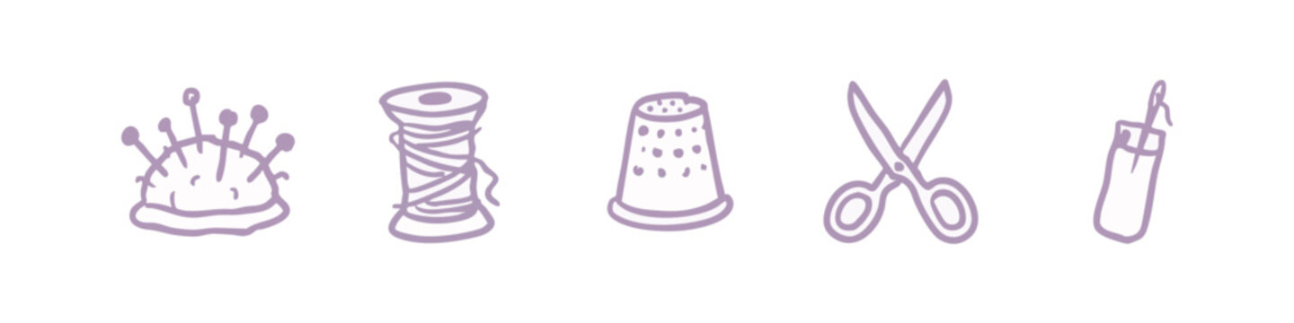 Set of 5 doodle icons: pin cushion, spool of thread, thimble, scissors, needle.