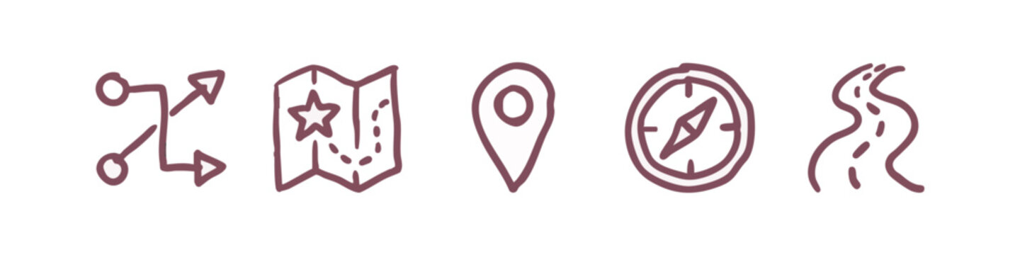 Set of 5 doodle icons: flowchart, map, location pin, compass, road.