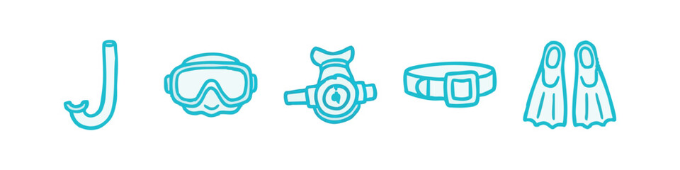 Blue doodle icons for diving: snorkel, mask, regulator, belt, fins. © liubomir118809