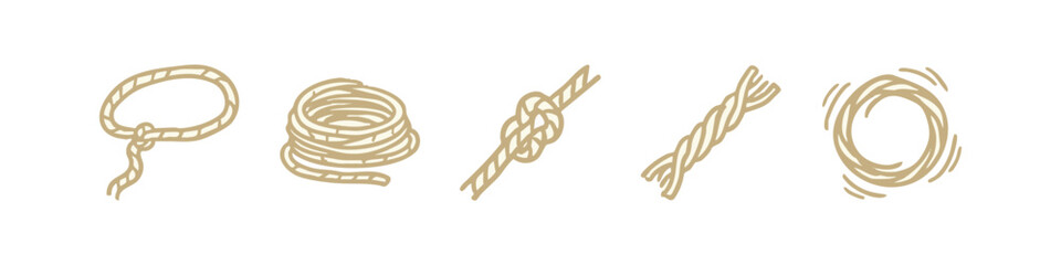 Hand-drawn rope icons: loop, coiled, knot, braided, spiral. © liubomir118809