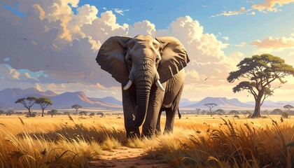 Fototapeta premium A majestic elephant strides confidently across the African savanna toward the viewer, under a dramatic sky