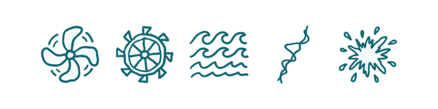Teal doodle icons related to water and movement: propeller, wheel, waves, wire, splash.