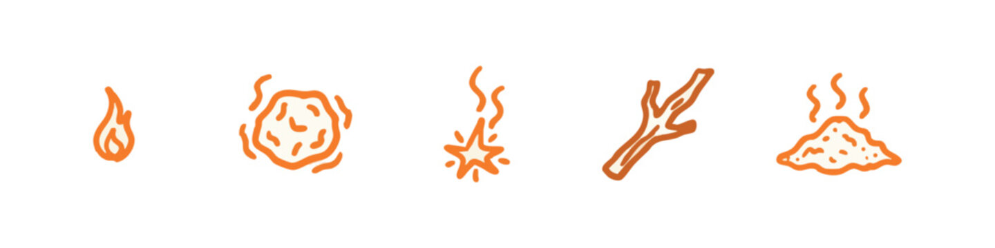 Orange doodle icons of fire and heat: flame, embers, spark, branch, ash.