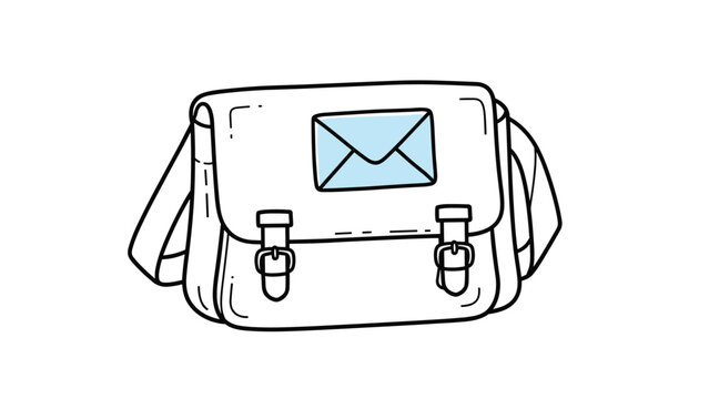 Line drawing of a white messenger bag or mail satchel with two buckles and a light blue envelope icon on the flap.