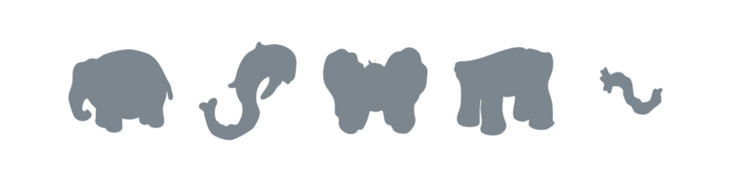 Hand-drawn elephant shapes and an abstract tail in grey