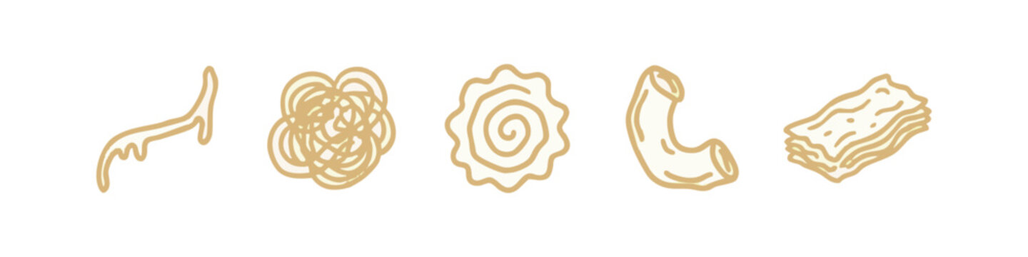 Hand-drawn beige and gold doodles of pasta, abstract shapes, and a cookie