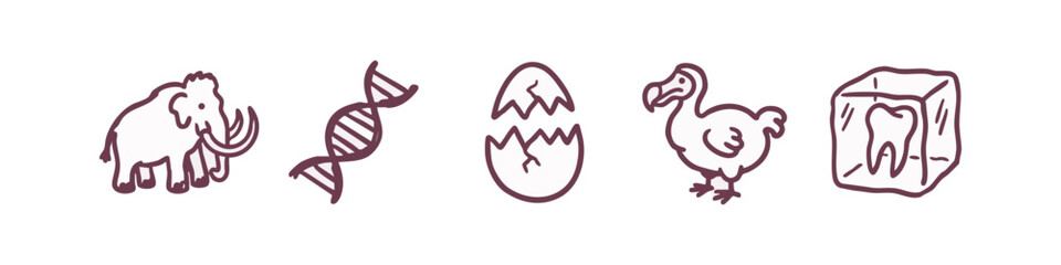 Hand-drawn icons: mammoth, DNA, egg, dodo bird, ice cube © liubomir118809