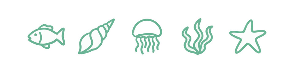 Hand-drawn marine life icons: fish, shell, jellyfish, seaweed, starfish © liubomir118809