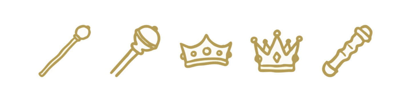 Hand-drawn icons: scepter, crown, royal objects