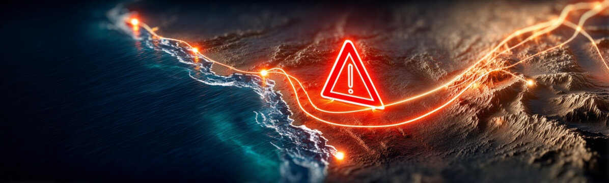 Cyber Threat Warning: An ominous warning illuminates a digital representation of global networks, highlighting potential cyber threats across the world.