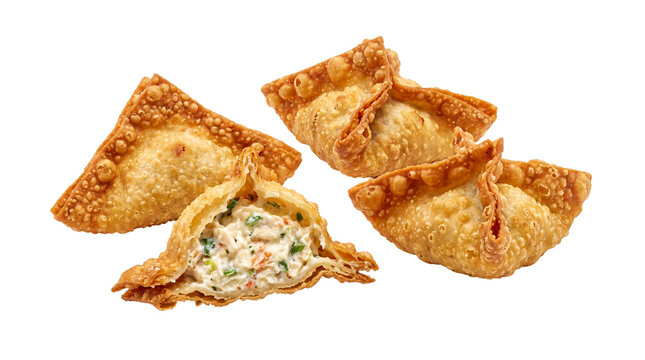Crispy fried crab rangoon appetizers, golden brown cream cheese wontons with savory filling, traditional asian fusion seafood snacks isolated PNG with Transparent Background