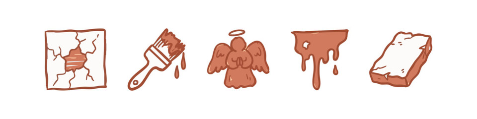 Fototapeta premium Hand-drawn art and material icons: cracked wall, brush, angel, paint drip, brick