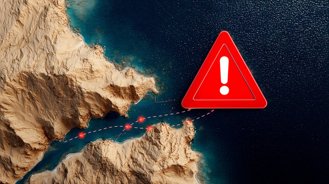 Caution Ahead: An aerial view showcases a dynamic scene with an eye-catching red warning sign poised against a backdrop of deep blue waters and rugged, textured cliffs.