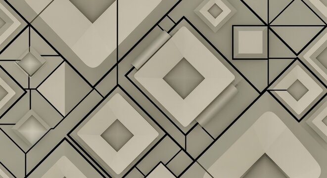 Geometric abstract pattern of layered beige squares and lines, 3D dimensional design, modern graphic background
